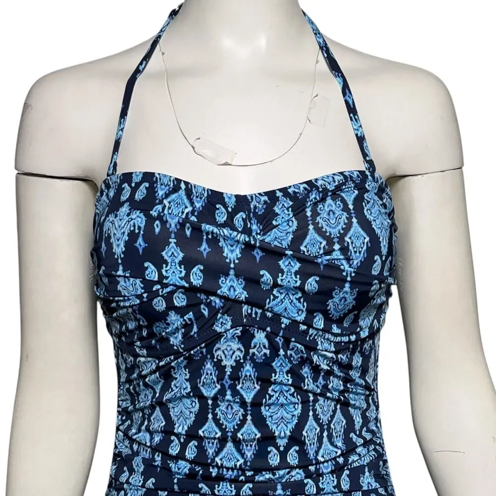 Garnet Hill One Piece Swimsuit Size 8 Ruched Bandeau Halter Blue Paisley NWT